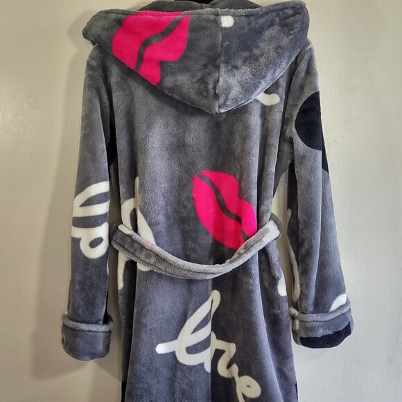 👄 BETSEY JOHNSON Pop Art Love Lips Plush Spa Robe Hooded Indie XS/Small - Picture 1 of 11
